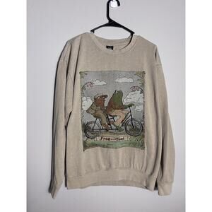 Frog and Toad Sweatshirt Medium Beige Vintage Tapestry Woven Fleece Lined